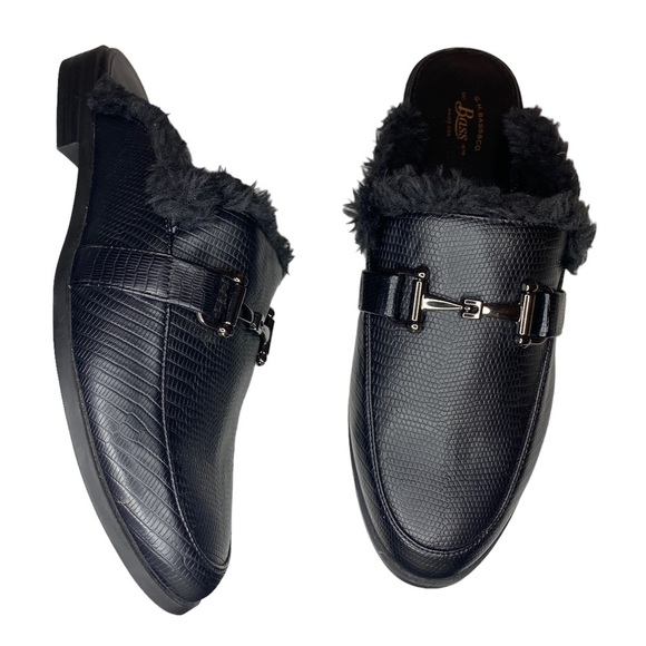 NEW G.H. Bass & Co Gwen Faux Croc leather mules faux fur trim womens shoes 8 - Picture 1 of 9